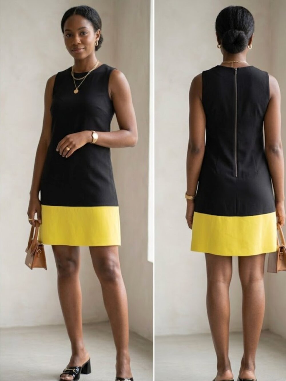 Alice + Olivia Dorma Black & Yellow Colorblock Sleeveless Shift Dress SZ S